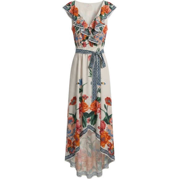 Pink Lily Dresses & Skirts - Pink Lily High Low Dress M Cream Floral Ruffle Tie Waist Romantic Boho Summer